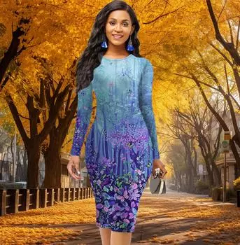 Длинный рукав, облегающее, офисное, облегающее, с принтом синего леса, элегантное облегающее платье XS синий