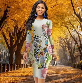 Длинный рукав, облегающее, офисное, облегающее, с принтом животных и кошек, элегантное облегающее платье XS жёлтый