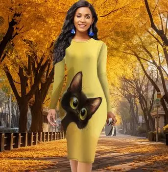 Длинный рукав, облегающее, офисное, облегающее, с принтом больших глаз, элегантное, облегающее платье XS жёлтый