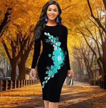 Длинный рукав, облегающее, офисное, облегающее, с принтом лунных цветов, элегантное облегающее платье XS жёлтый