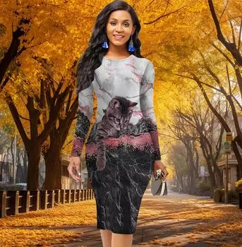 Длинный рукав, облегающее, офисное, облегающее, с принтом в виде кошки, элегантное облегающее платье XS красный