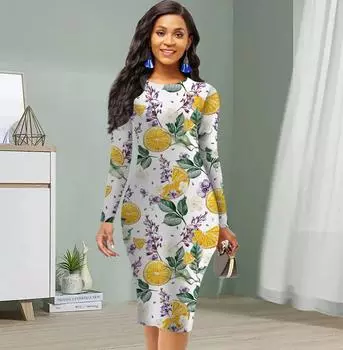 Длинный рукав, облегающее, офисное, облегающее, с принтом лимона, элегантное облегающее платье XS жёлтый