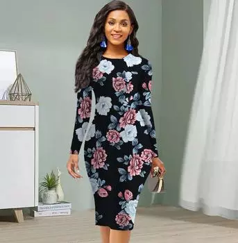 Длинный рукав, облегающее, офисное, облегающее, с принтом камелии, элегантное облегающее платье XS фиолетовый