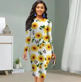 Длинный рукав, облегающее, офисное, облегающее, с принтом хризантем, элегантное облегающее платье XS жёлтый