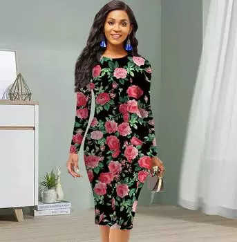 Длинный рукав, облегающее, офисное, облегающее, с принтом красной розы, элегантное облегающее платье XS белый
