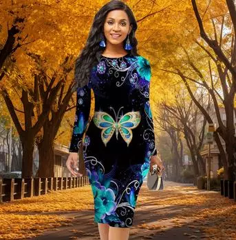 Длинный рукав, облегающее, офисное, облегающее, с ярким принтом бабочек, элегантное облегающее платье XS жёлтый