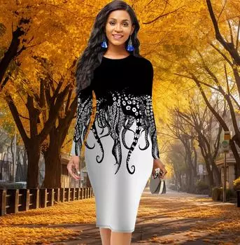 Длинный рукав, облегающее офисное платье с принтом усов осьминога, элегантное облегающее платье XS жёлтый