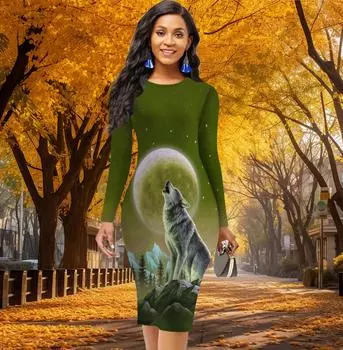Длинный рукав, облегающее офисное платье с принтом луны и волка, элегантное облегающее платье XS жёлтый