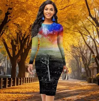 Длинный рукав, облегающее офисное платье с принтом «Звездное небо, держащее руки», элегантное облегающее платье XS жёлтый