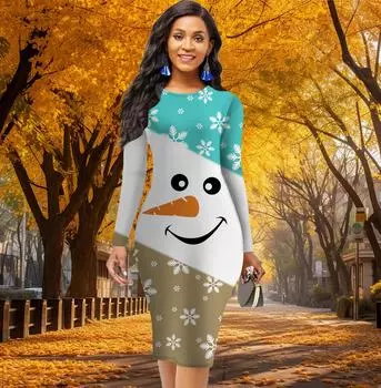 Длинный рукав, облегающее офисное платье с цветным принтом снеговика, элегантное облегающее платье XS красный