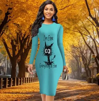 Длинный рукав, облегающее офисное платье с принтом мультяшного кота, элегантное облегающее платье XS жёлтый