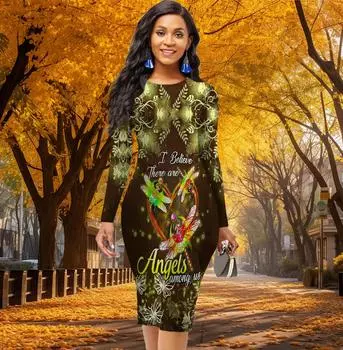 Длинный рукав, облегающее офисное платье с принтом в виде стрекозы и сердца, элегантное облегающее платье XS жёлтый