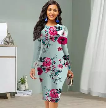 Длинный рукав, облегающее офисное платье с принтом роз разных цветов, элегантное облегающее платье XS синий