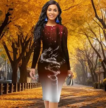 Длинный рукав, облегающее платье для офиса, облегающее, с принтом «дым проникает в воздух» XS красный