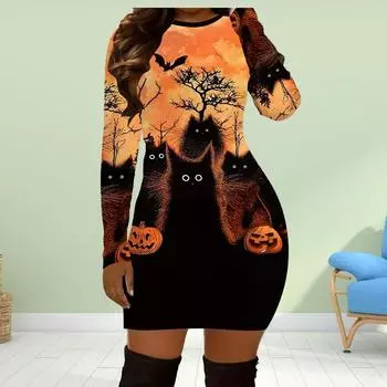 Длинный рукав облегающее платье с принтом в виде тыквы на Хэллоуин в виде мраморных полосок женские мини-платья осенние облегающие эластичные вечерние платья XS зелёный