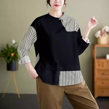 длинный рукав оверсайз винтаж повседневный свободный длинный весна осень футболка топы женская футболка L чёрный