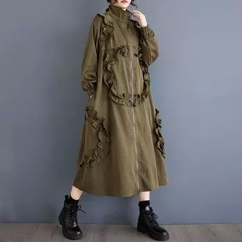 Длинный рукав оверсайз винтажный повседневный свободный плащ осень-весна для женщин Верхняя одежда армия зеленый