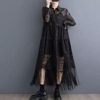 Длинный рукав Плюс размер Черное кружево сексуальное прозрачное новое в платьях для женщин повседневное свободное платье весна осень рубашка