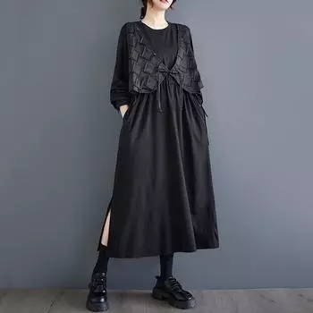 Длинный рукав Плюс размер Черный винтажный лоскутное новинка в платьях для женщин повседневное свободное платье весна-осень