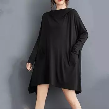Длинный рукав Плюс размер Черный винтажный с капюшоном новые платья для женщин повседневный свободный мини короткое платье весна осень