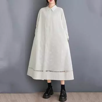 Длинный рукав Плюс размер Хлопковая сетка винтажный цветочный новый в платьях для женщин повседневный свободный весна осень платье-рубашка белый