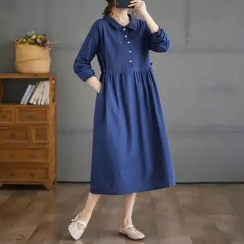 Длинный рукав плюс размер хлопок лен винтажные новые платья для женщин повседневные свободные платья весна осень M темно-синий