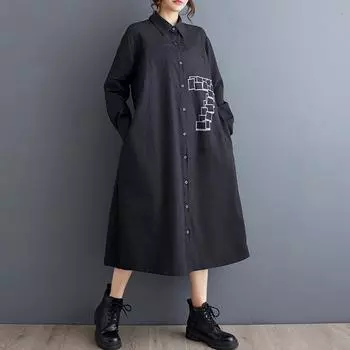 Длинный рукав Плюс размер Хлопок винтаж новые платья для женщин повседневный свободный весна осень рубашка платье