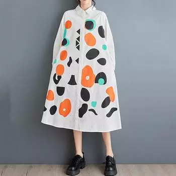 Длинный рукав Плюс размер Хлопок винтаж новые платья для женщин повседневный свободный весна осень рубашка платье чёрный