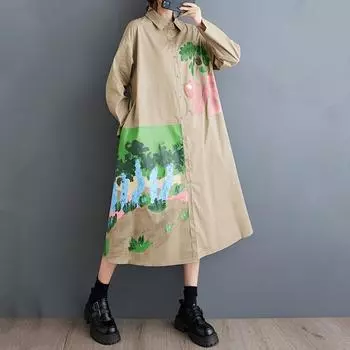 Длинный рукав Плюс размер Хлопок винтаж новые платья для женщин повседневный свободный весна осень рубашка платье чёрный