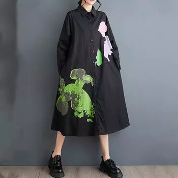 Длинный рукав Плюс размер Хлопок винтаж новые платья для женщин повседневный свободный весна осень рубашка платье чёрный