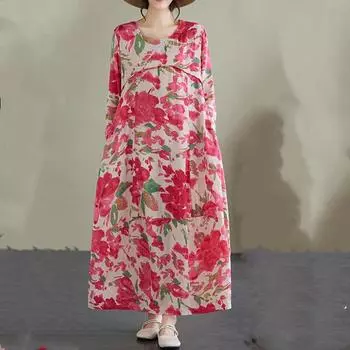 Длинный рукав Плюс размер Хлопок винтажный цветочный новый в платьях для женщин повседневный свободный весенне-осеннее платье L