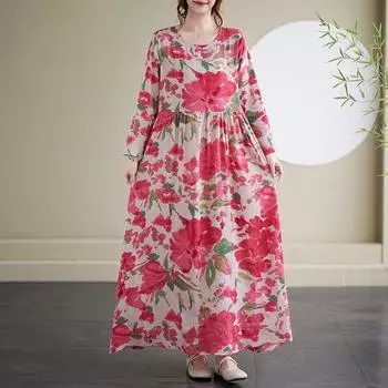 Длинный рукав Плюс размер Хлопок винтажный цветочный новый в платьях для женщин повседневный свободный весенне-летний осенний платье L