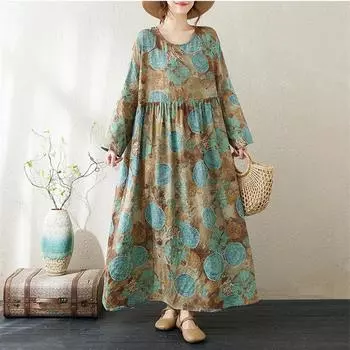 Длинный рукав Плюс размер Хлопок винтажный цветочный новый в платьях для женщин повседневный свободный весенне-летний осенний платье
