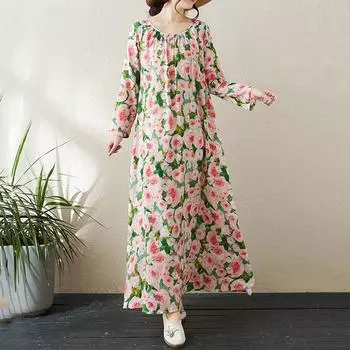 Длинный рукав Плюс размер Хлопок винтажный цветочный новый в платьях для женщин повседневный свободный весенне-летний осенний платье L
