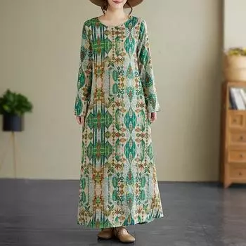 Длинный рукав Плюс размер Хлопок винтажный цветочный новый в платьях для женщин повседневный свободный весенне-летний осенний платье L