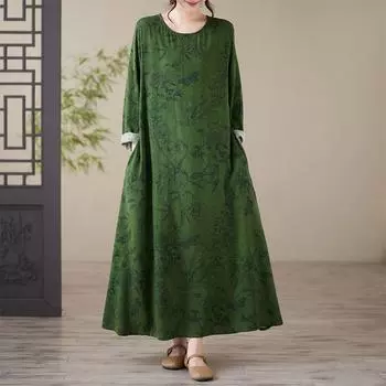 Длинный рукав Плюс размер Хлопок винтажный цветочный новый в платьях для женщин повседневный свободный весенне-осеннее платье L