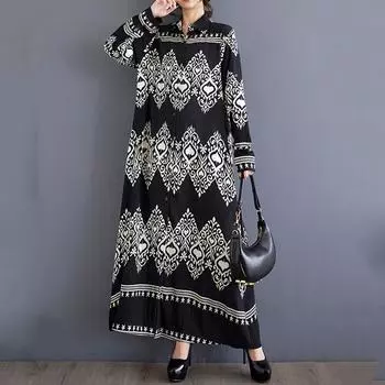 Длинный рукав Плюс размер Хлопок винтажный Цветочный новый в платьях для женщин повседневный свободный весна лето осень рубашка платье чёрный