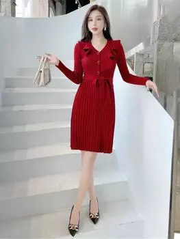 Длинный рукав Плюс размер Трикотажные винтажные новые платья для женщин повседневные свободные миди весна осень зима свитер платье вино красного