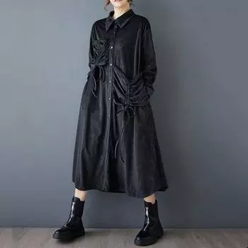 Длинный рукав Плюс размер Вельвет винтажный новый в платьях для женщин повседневный свободный весна осень платье-рубашка чёрный