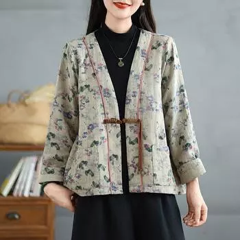 Длинный рукав плюс размер Винтажный цветочный хлопок лен повседневный свободный осень весна женская куртка пальто M абрикосовый