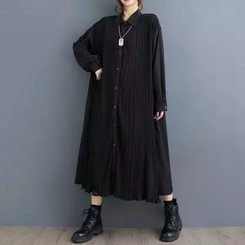 Длинный рукав Плюс размер винтаж Плиссированные новые платья для женщин повседневные свободные весна осень рубашка платье чёрный