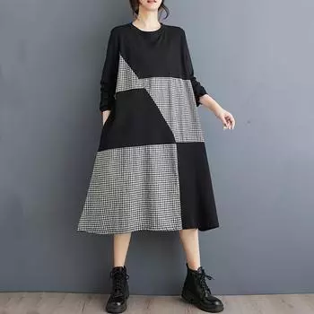 Длинный рукав Плюс размер винтажная клетка новые платья для женщин повседневное свободное платье весна-осень