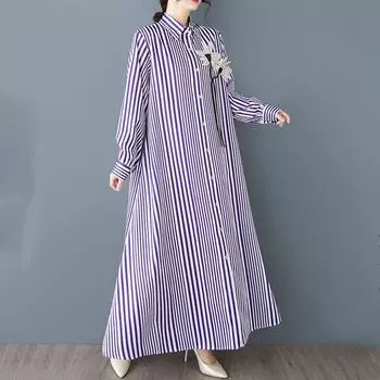 Длинный рукав Плюс размер винтажная полоса цветочные новинка платья для женщин повседневный свободный весна осень рубашка платье фиолетовый