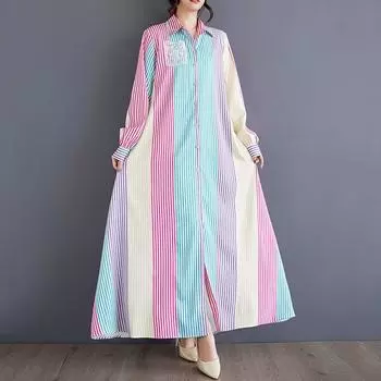 Длинный рукав Плюс размер винтажная полоса новинка в платьях для женщин повседневное свободное платье-рубашка весна осень синий