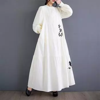Длинный рукав Плюс размер винтажная вышивка Цветочные новинка в платьях для женщин повседневное свободное платье весна-осень чёрный
