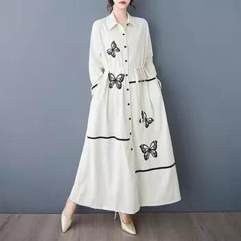 Длинный рукав Плюс размер винтажная вышивка новые платья для женщин повседневный свободный весна осень платье-рубашка синий