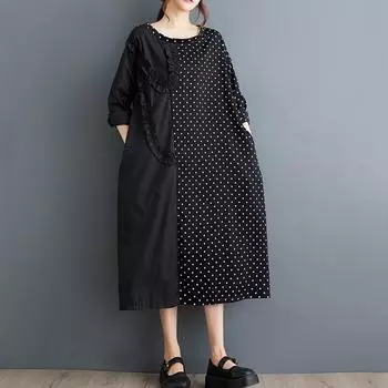 Длинный рукав Плюс размер винтажный горошек новые платья для женщин повседневное свободное платье весна-осень