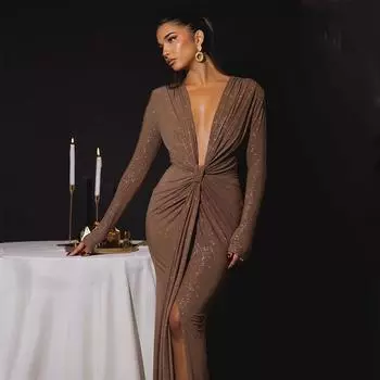 Длинный рукав, рюшами, сексуальное макси-платье для женщин, модное косое воротниковое платье с драпировкой и высоким разрезом, длинное клубное платье L бежевый