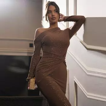 Длинный рукав сексуальное макси платье женское наклонное плечо спинка облегающее рюшами клуб вечеринка сексуальное длинное платье M чёрный