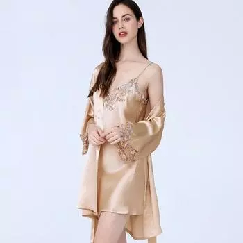 Длинный рукав шелковый комплект из 2 предметов ночной рубашки вышитая кружевная ночная рубашка женская шелковая ночная рубашка креп-сатиновый халат M